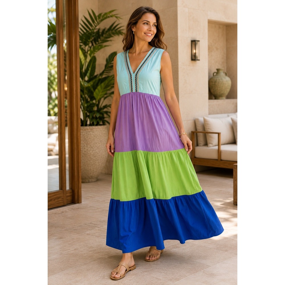 Vilagallo Maxi Dress Womens 50 Multicolor Colorblock Tiered Sleeveless V-Neck